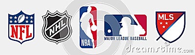 Official logos of major USA sports leagues. Logo of the top 5 American sports league - NFL, NHL, NBA, MLB and MLS. Vector Illustration